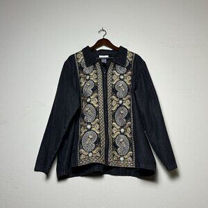 VTG Susan Grave Denim Jean Embroidered Paisley Jacket Women 3x Black Indie